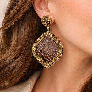 NEW Icon Collection Gold Beaded Snakeskin Statement Earrings Western Drop 2.75”